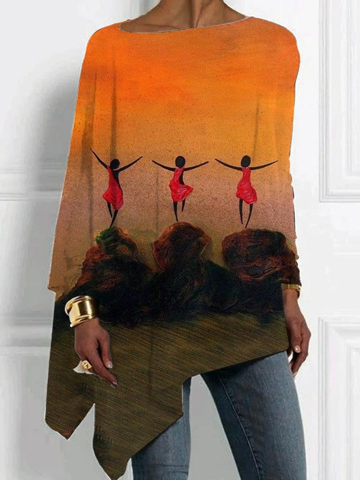 Artistic personality oil painting printing irregular hem top