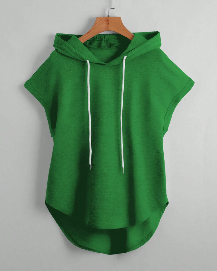 Pure Solid Color High Low Hem Drawstring Hooded Tee