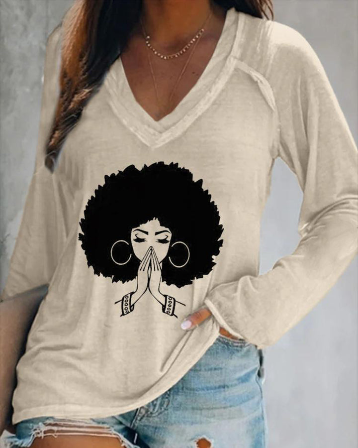 V-neck Afro Girl Making A Wish Long Sleeve T-shirt