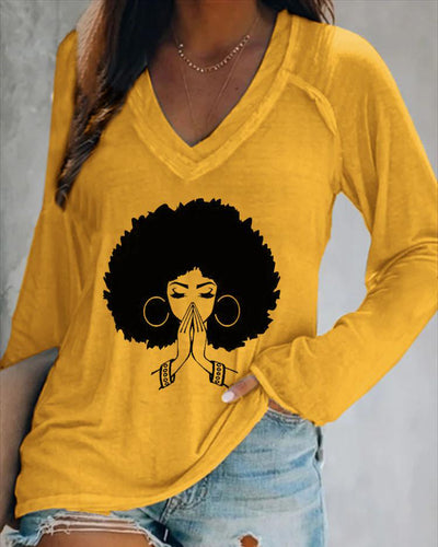 V-neck Afro Girl Making A Wish Long Sleeve T-shirt