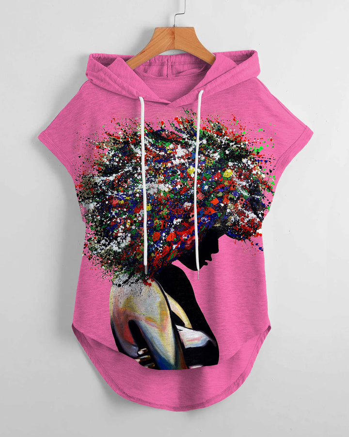 Color Oil Painting Afro Girl High Low Hem Drawstring Hooded Tee