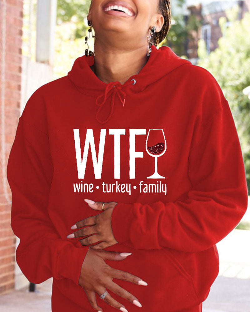 Women's Thanksgiving Wine Turkey Family Printed Pocket Long Sleeve Hoodie