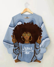 Afro Girl Jesus Walks with Me Long Sleeve Sweatshirt