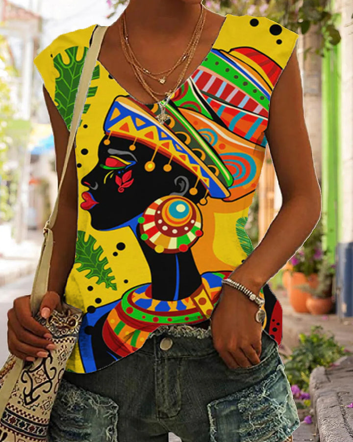 Contrasting color black fashion print sleeveless women's tank top