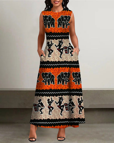 African Tribal Elephant Print Pockets Casual Dress
