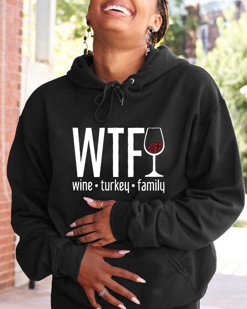 Women's Thanksgiving Wine Turkey Family Printed Pocket Long Sleeve Hoodie