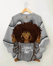 Afro Girl Jesus Walks with Me Long Sleeve Sweatshirt