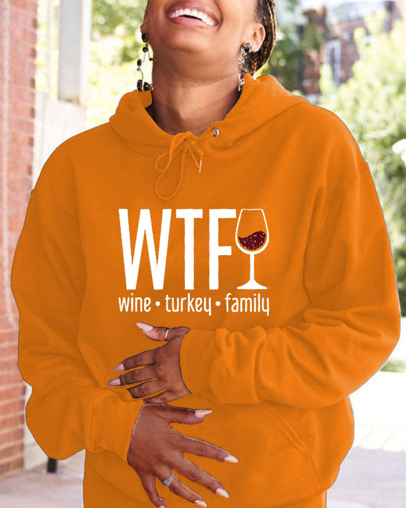 Women's Thanksgiving Wine Turkey Family Printed Pocket Long Sleeve Hoodie