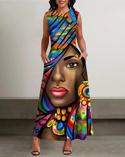 African Women Color Illustration Pockets Casual Dress