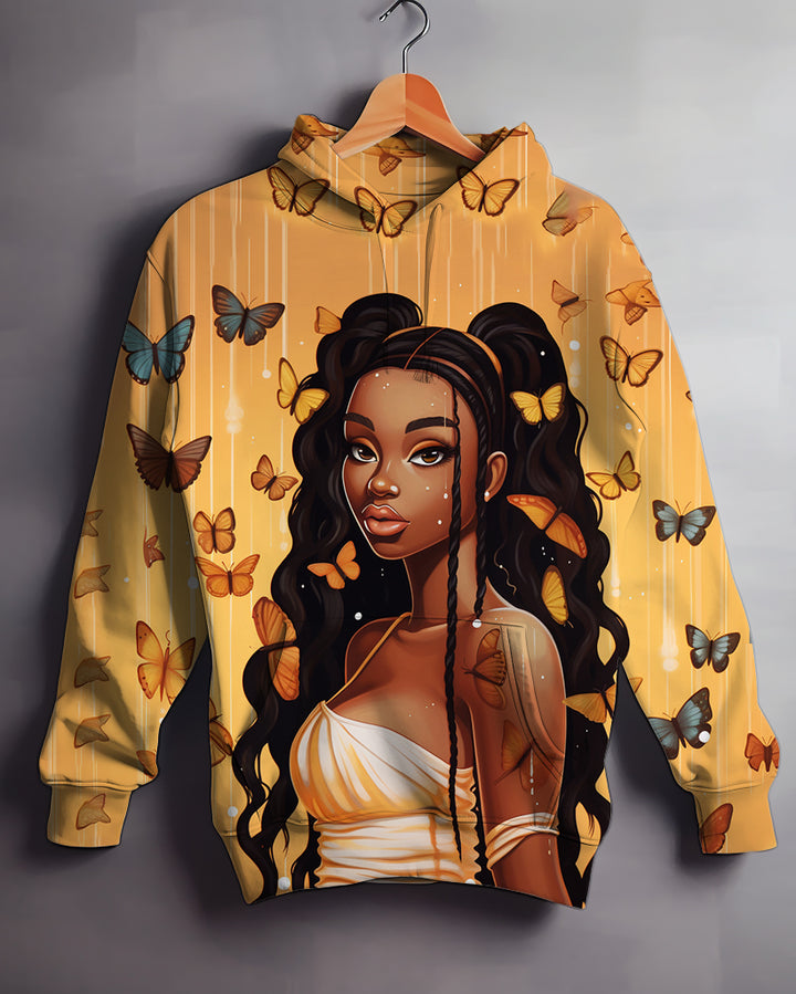 Women's Butterfly Oil Painting Art Black Girls Long Sleeve Hoodie