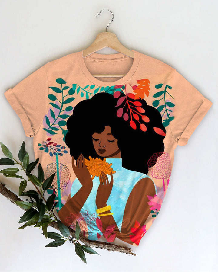 Love Flowers Brown Girl Short Sleeve T-shirt