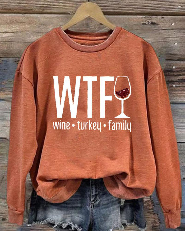 Women's Thanksgiving Wine Turkey Family Printed Round Neck Long Sleeve Sweatshirt