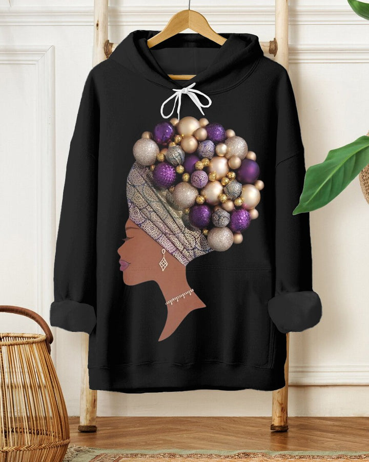 Creative 3D Pearl Girl Casual Black Cotton Long-sleeved Hooded Sweatshirt