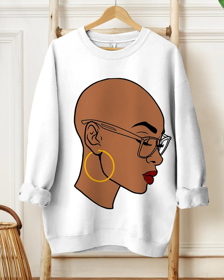 Wearing Glasses Bamboo Earrings Bald Hairstyle Melanin Black Girl Prints Long-sleeved Sweatshirt