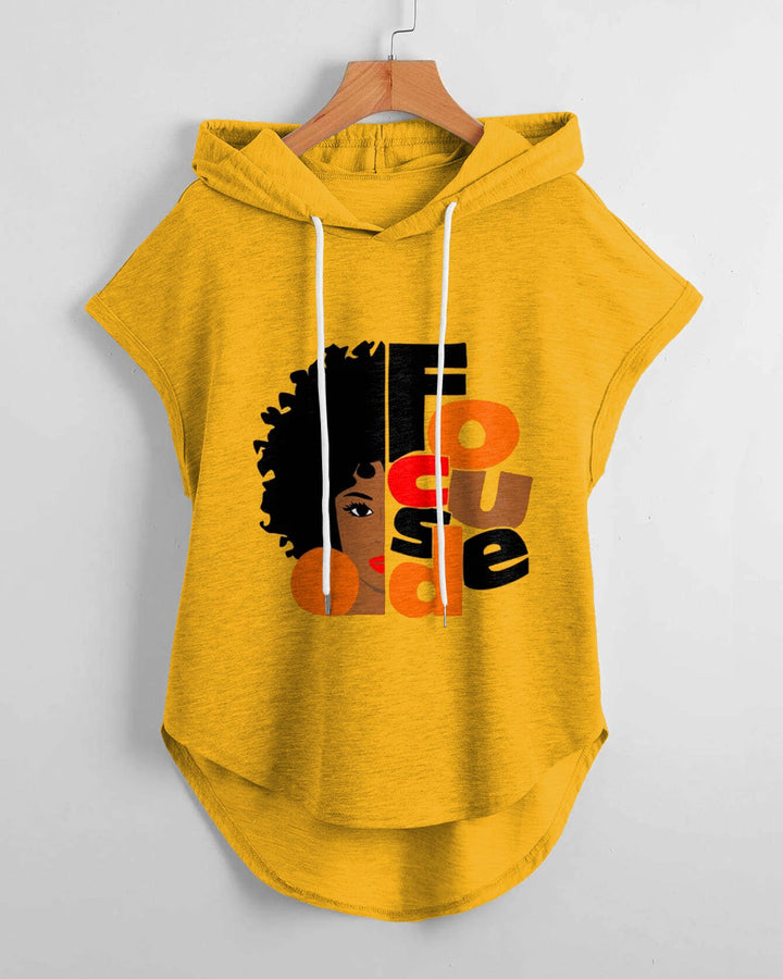 Focused Black Girl Magic Low Hem Drawstring Hooded Tee