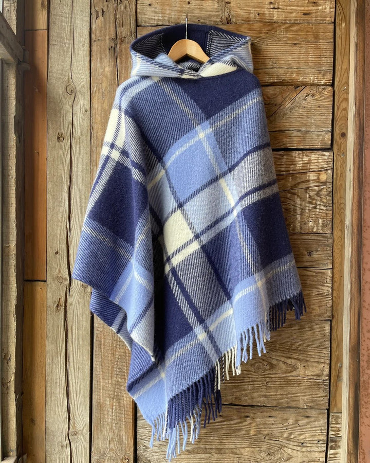 Blue Plaid Print Tassels Hooded Warm Shawl Cape