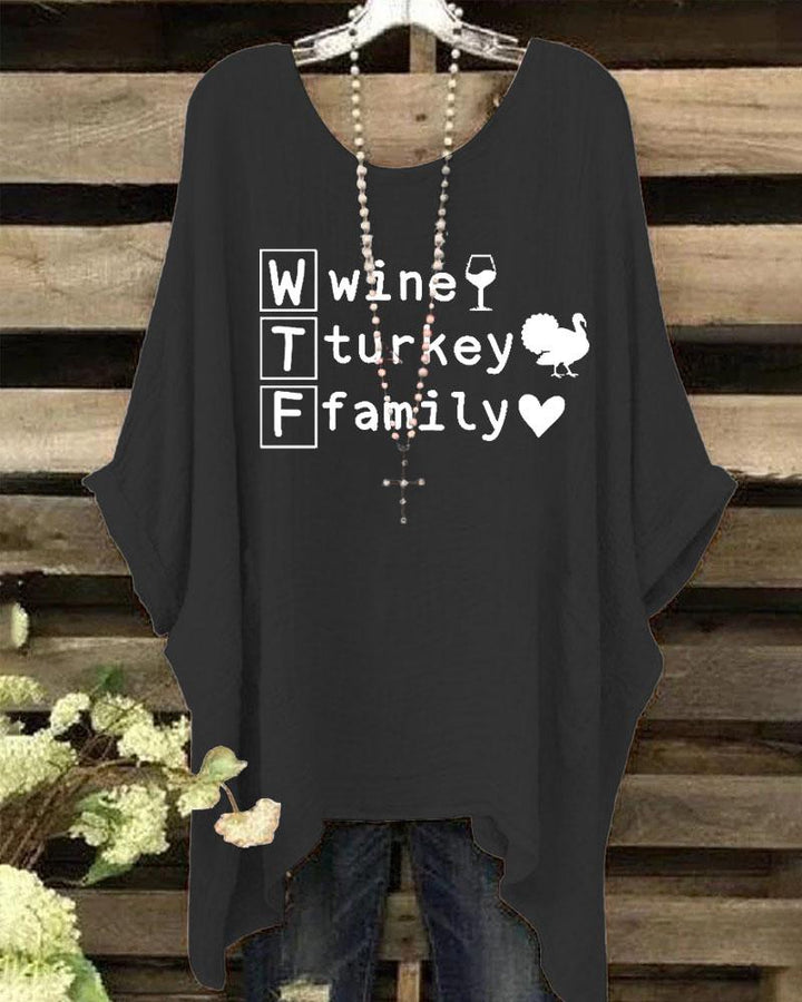 Women's Thanksgiving Wine Turkey Family Round Neck Print Shirt