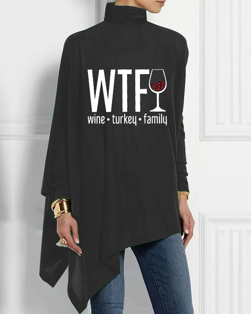 Women's Turtleneck Irregular Thanksgiving Wine Turkey Family Printed Long Sleeve T-Shirt