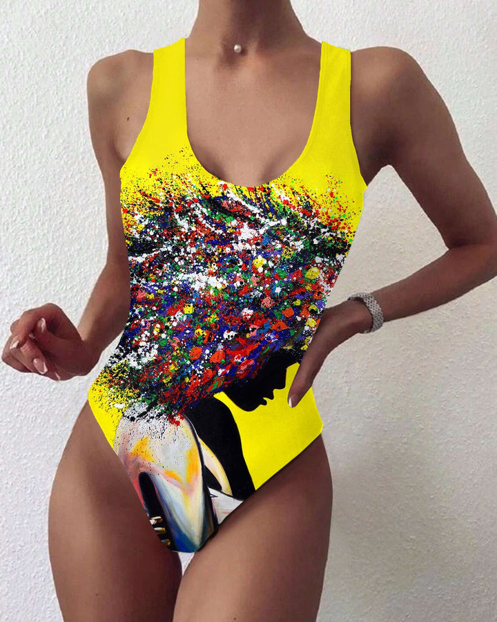 Colorful Afro Girl Oil Painting Backless One Piece Swimsuit