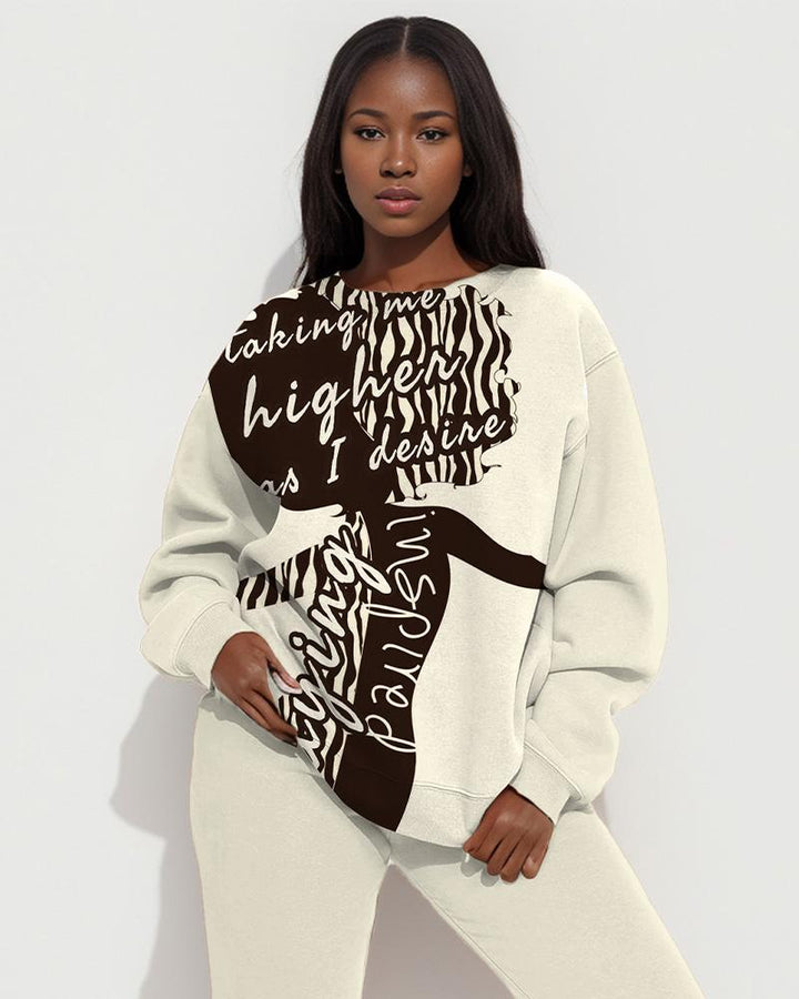 Black Girls Letter Printed Long Sleeve Round Neck Sweater and Solid Color Casual Pants Set