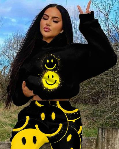 Cartoon Smiley Face Long Sleeve Hoodie Two Pieces Set