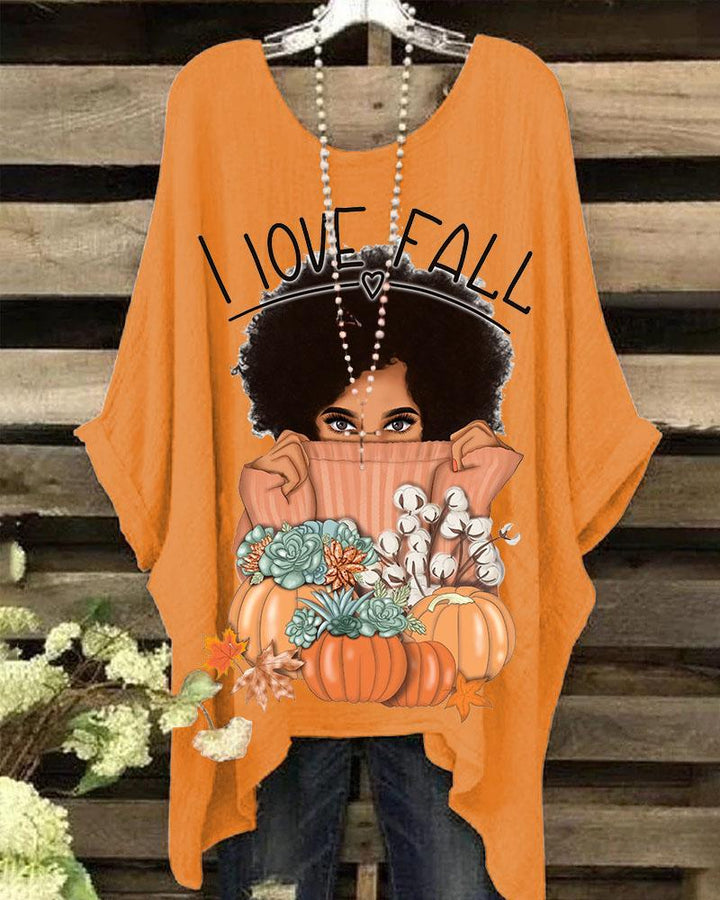 Women Thanksgiving  Black Girl Love Fall Round Neck Bat Sleeve Print Blouses