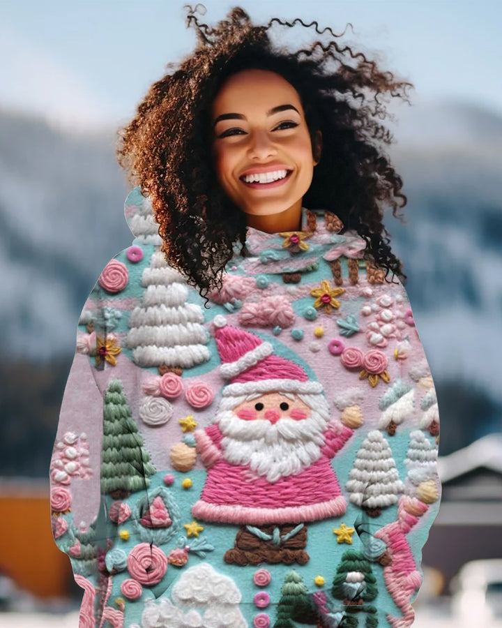 Women's Christmas Pink Santa Print Hoodie