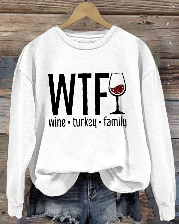 Women's Thanksgiving Wine Turkey Family Printed Round Neck Long Sleeve Sweatshirt