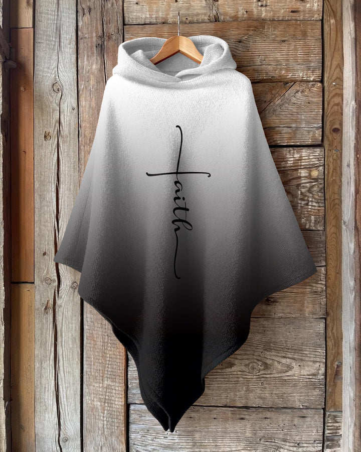 Gradient Color Faith Letters Wool Hooded Cape