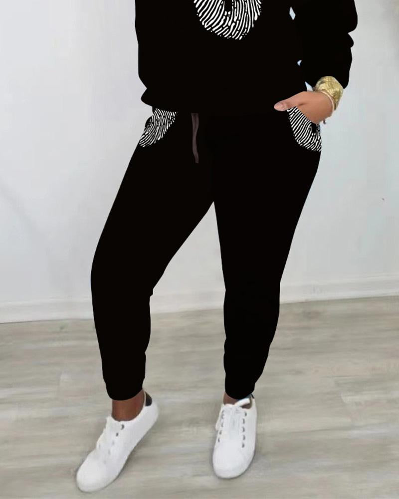 Fingerprint Cross Long-Sleeved Crew Neck Sweatshirt and Printing Casual Pants