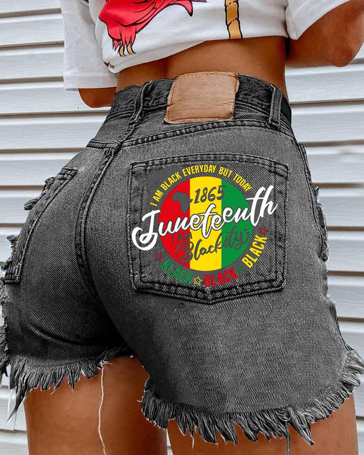 Juneteenth Black Letter Print Denim Shorts