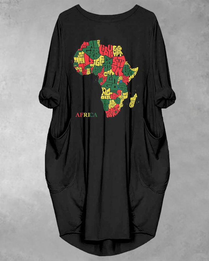 Classic Colors Africa Map Long Sleeve Pockets Midi Dress