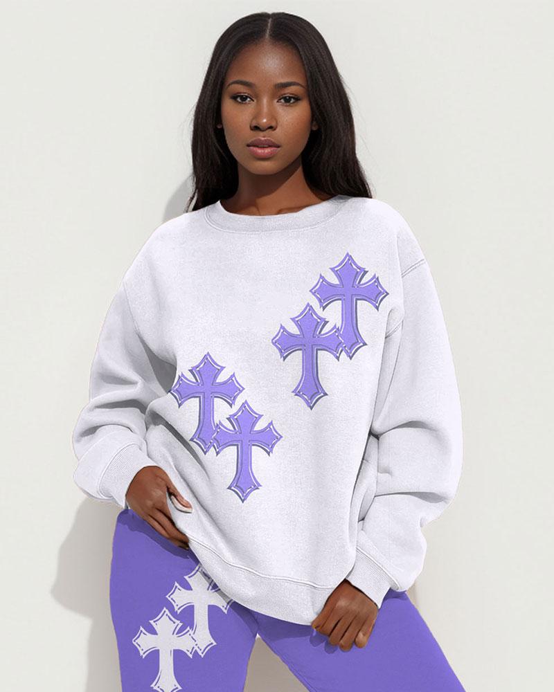 Colorblock Cross Print Long Sleeve Sweatshirt Two Pieces Set