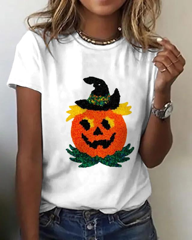 Halloween Simple 3D Plush Pumpkin Print Cotton Crew Neck Short Sleeve Shirt