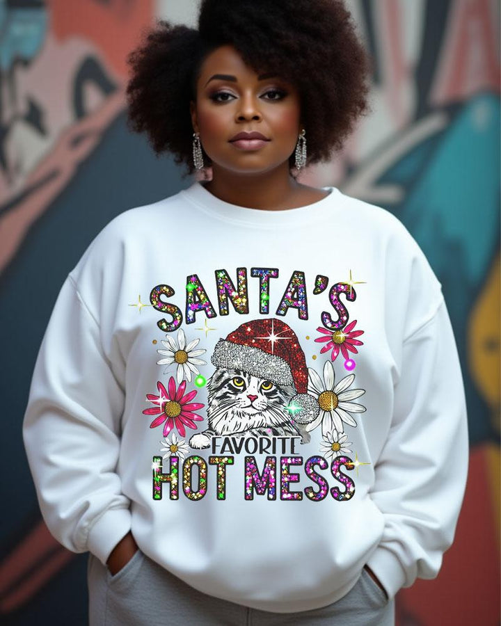 Women's Christmas Slogan Santa's Favorite Hotmess And Cat Print Crewneck Sweatershirts