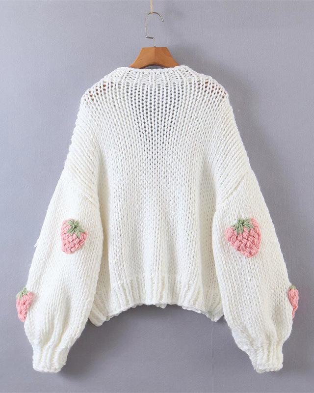 Women's Fashion Cute Strawberry V-Neck Lantern Sleeve Thick Knitted Sweater Cardigan