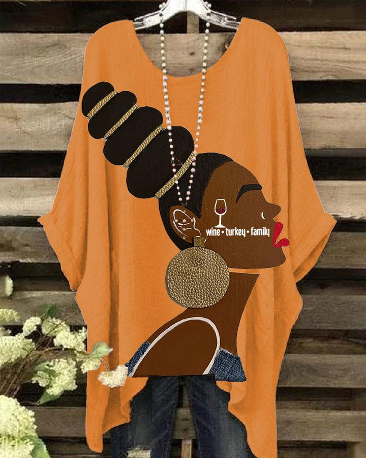 Women's Thanksgiving Wine Turkey Family Black Girl Illustration Print Round Neck Bat Sleeve Blouses