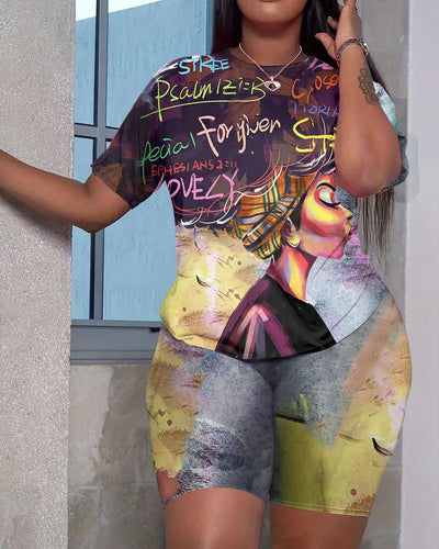 Women's Colorful Graffiti Afro Girl Short Sleeve Shorts Set