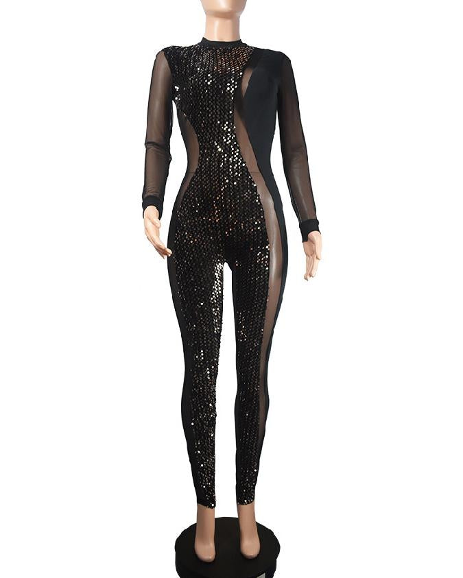 Women's Fashion Sequin Mesh Sexy See-Through Evening Party Jumpsuit