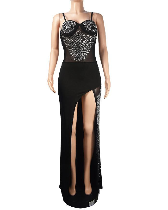 Women's Fashion Rhinestone Hip-Wrapped Tube Top High Slit Evening Party Suspender Long Dress