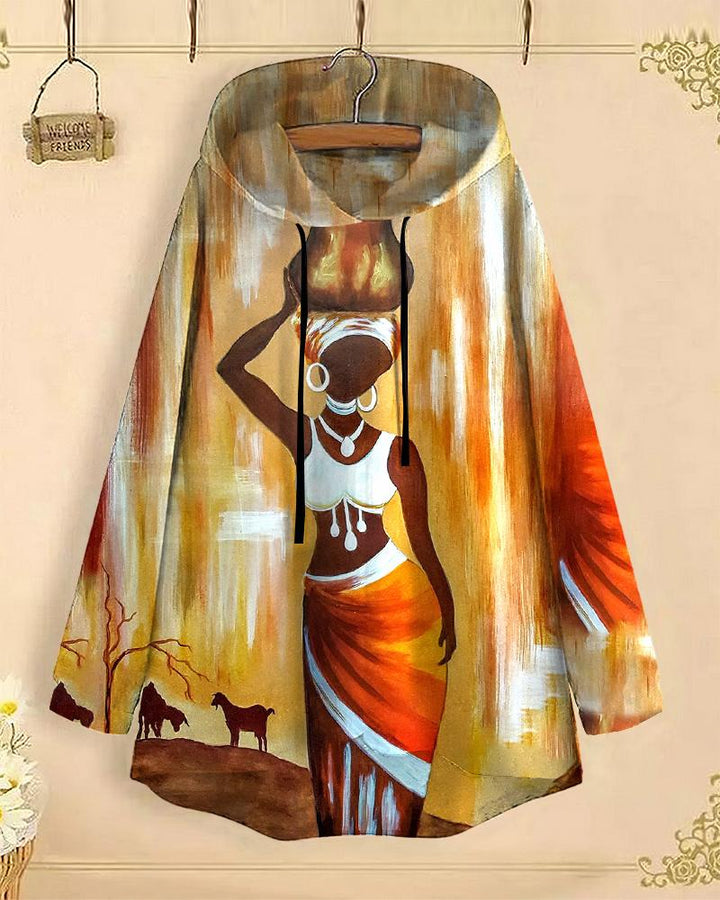 Retro Ethnic Woman Long-Sleeved with Loose Hem Hoodie