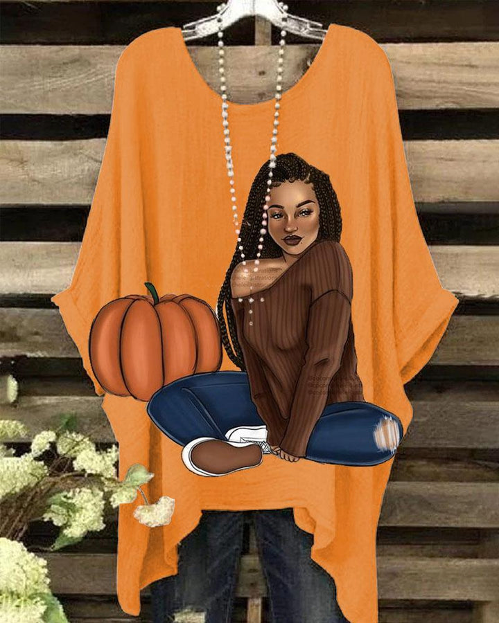 Women's Thanksgiving Black Girl And Pumpkin Print Round Neck Bat Sleeve Blouses