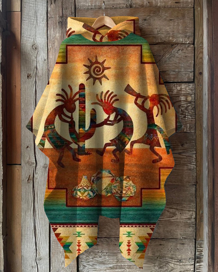 Retro Tribal Print Hooded Warm Shawl Cape