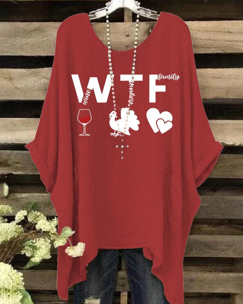 Women's Thanksgiving Wine Turkey Family Round Neck Print Shirt