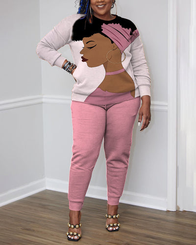 Pink Afro Girl O Neck Long Sleeve Two Pieces