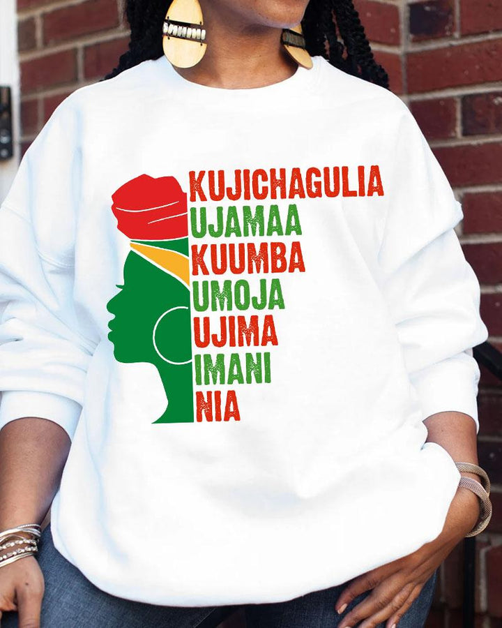 Women's Kwanzaa Seven Principles Printed Round Neck Long Sleeve Sweatershirts