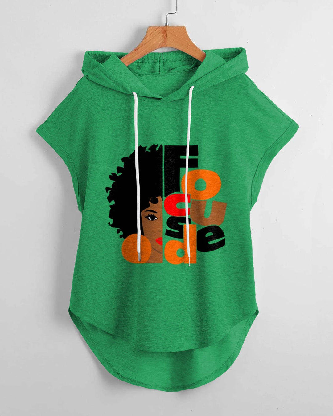 Focused Black Girl Magic Low Hem Drawstring Hooded Tee