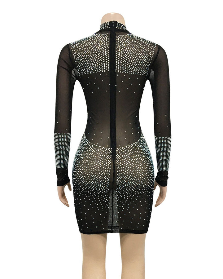 Fashionable Pure Color Sexy Tight Mesh Hot Diamond See-through Hip Dress