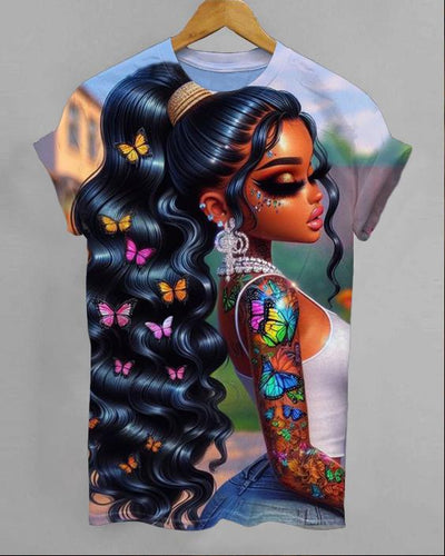 Colorful Butterfly Brown Girl Round Neck Short Sleeve Shirt