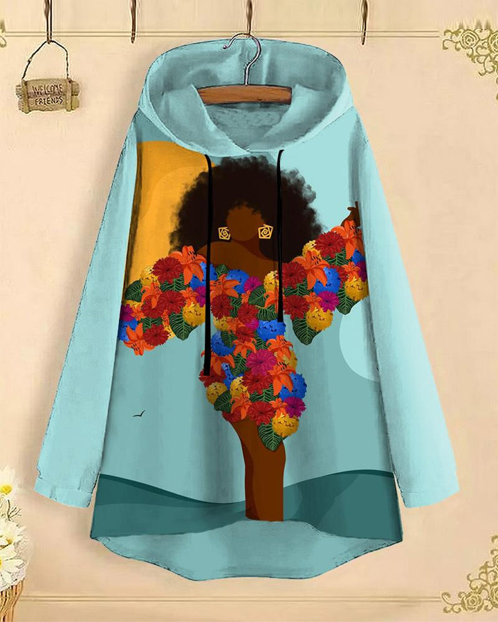 Flower Dancing Black Girl Long-Sleeved with Loose Hem Hoodie